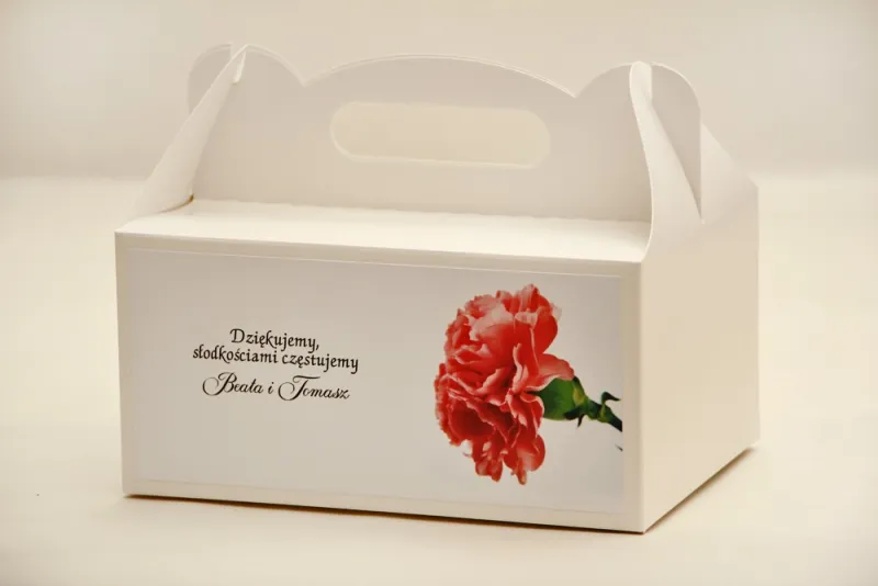 Prostokątne pudełko na ciasto, tort weselny, ślub - Elegant nr 10 - Różowy goździk - kwiatowe dodatki ślubne Prostokątne pudełko na ciasto, tort weselny, ślub - Elegant nr 10 - Różowy goździk - kwiatowe dodatki ślubne