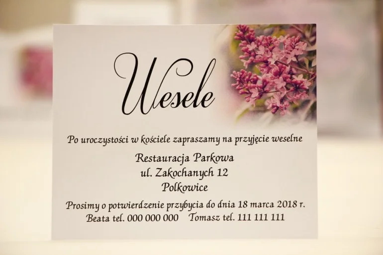 Bilecik do zaproszenia ślubnego - Elegant nr 11 - FIoletowe bzy