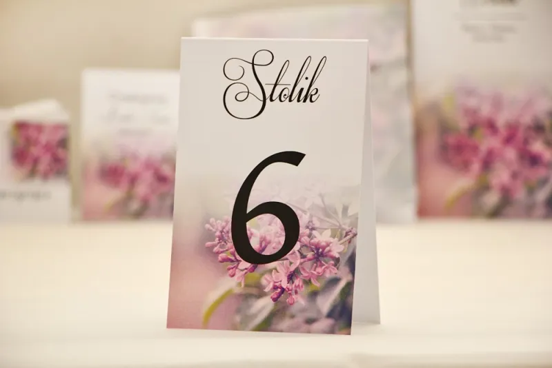 Numery stolików, stół weselny, ślub - Elegant nr 11 - Fioletowy bez - dodatki ślubne kwiatowe