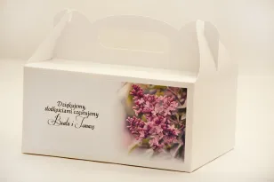Prostokątne pudełko na ciasto, tort weselny, ślub - Elegant nr 11 - Fioletowy bez - kwiatowe dodatki ślubne