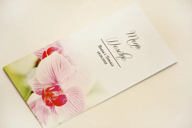 Menu weselne, stół weselny - Elegant nr 13 - Różowe orchidee - Eleganckie kwiatowe wzory - dodatki ślubne Menu weselne, stół weselny - Elegant nr 13 - Różowe orchidee - Eleganckie kwiatowe wzory - dodatki ślubne