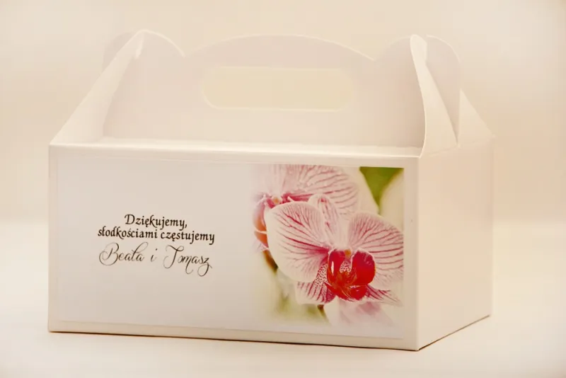 Prostokątne pudełko na ciasto, tort weselny, ślub - Elegant nr 13 - Orchidea - kwiatowe dodatki ślubne Prostokątne pudełko na ciasto, tort weselny, ślub - Elegant nr 13 - Orchidea - kwiatowe dodatki ślubne