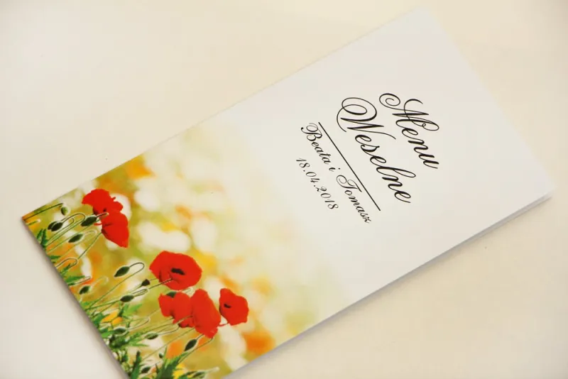 Menu weselne, stół weselny - Elegant nr 21 - Polne maki - Eleganckie kwiatowe wzory - dodatki ślubne Menu weselne, stół weselny - Elegant nr 21 - Polne maki - Eleganckie kwiatowe wzory - dodatki ślubne