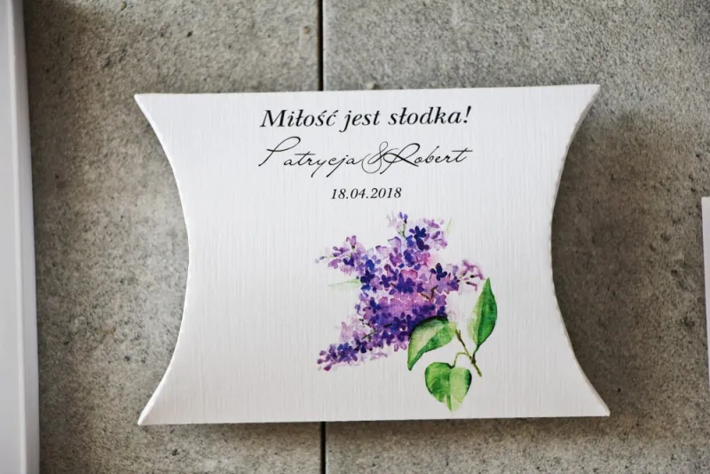 Candy Pillow Box, vielen Dank an die Hochzeitsgäste - Pistazie Nr. 2 - Lila Flieder