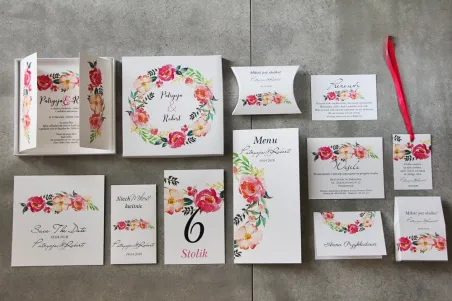 Beeindruckende Hochzeitseinladung in einer Box mit Accessoires - Pistazie 3 - Intensiv bunte Blumen in den Farben Rosa und Lachs