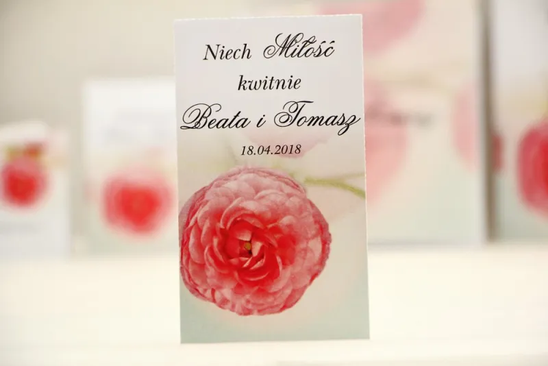 Podziękowania dla Gości weselnych - nasiona Niezapominajki - Elegant nr 27 - Różowe jaskry - kwiatowe dodatki ślubne