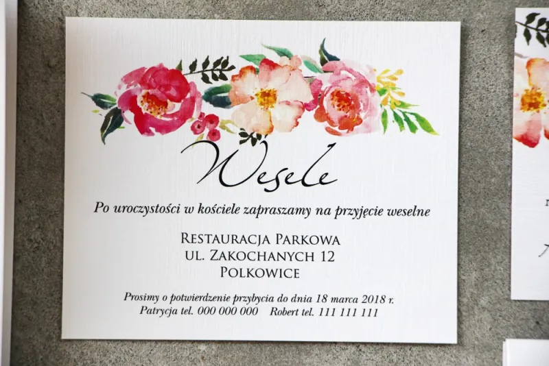 Bilecik do zaproszenia 120 x 98 mm prezenty ślubne wesele - Pistacjowe nr 3 - Różowe i łososiowe kwiaty w intensywnych barwach