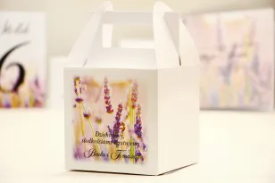Pudełko na ciasto kwadratowe, tort weselny - Elegant nr 28 - Lawendowe - kwiatowe dodatki ślubne