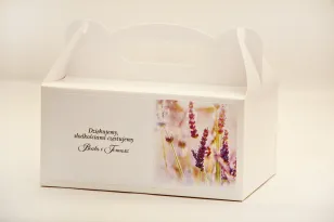 Prostokątne pudełko na ciasto, tort weselny, ślub - Elegant nr 28 - Lawendowe pole - kwiatowe dodatki ślubne