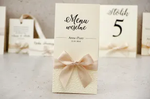Menu weselne, stół weselny - Belisa nr 5 - Kremowe ecru - dodatki ślubne z tłoczeniem