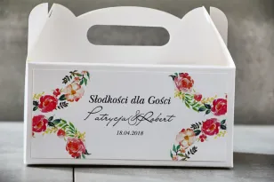 Prostokątne pudełko na ciasto, tort weselny, Ślub - Pistacjowe nr 3 - Intensywnie kolorowe kwiaty w odcieniach różu i łososia