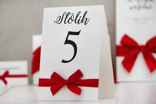 Numery stolików, stół weselny, ślub - Belisa nr 2 - Czerwone, klasyczna czerwień, dodatki ślubne z kokardką, eleganckie