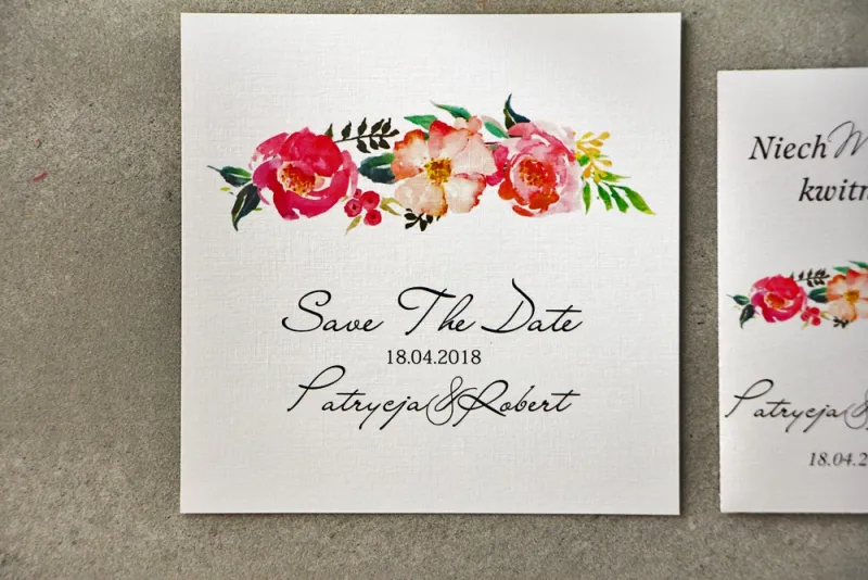 Bilecik Save The Date do zaproszenia - Pistacjowe nr 3 - Kwiaty w barwach różu i łososiowym Bilecik Save The Date do zaproszenia - Pistacjowe nr 3 - Kwiaty w barwach różu i łososiowym