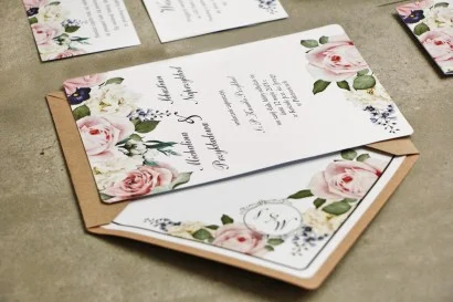 Romantyczne zaproszenia z pastelowymi różami i złoceniem | Eleganckie zaproszenia weselne | Sorento nr 1