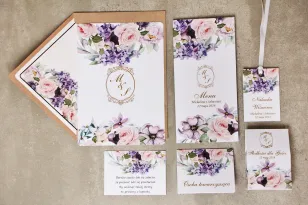 Zaproszenie ślubne z dodatkami - Sorento nr 2 - Pastelowe fiolety - Eleganckie kwiatowe ze złoceniem