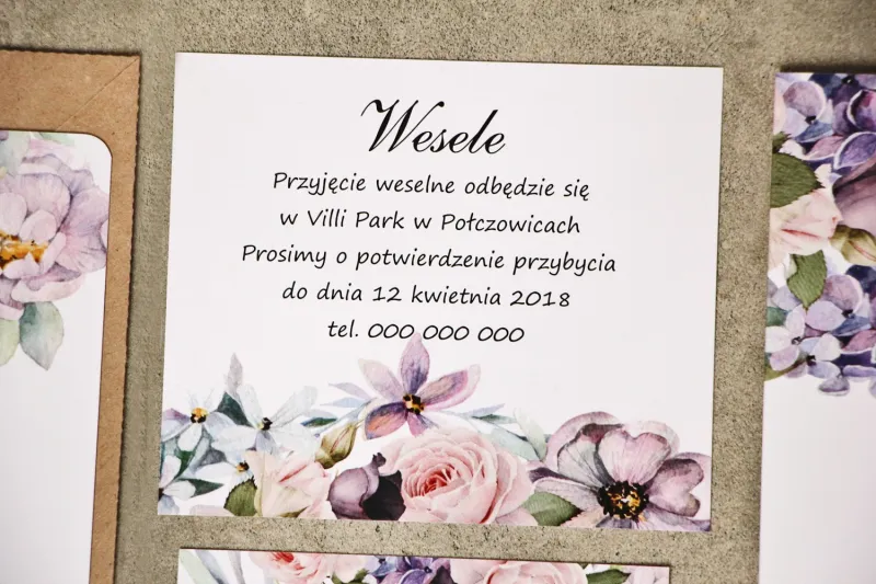 Bilecik do zaproszenia 120 x 98 mm prezenty ślubne wesele - Sorento nr 2 - Jasnofioletowe subtelne kwiaty