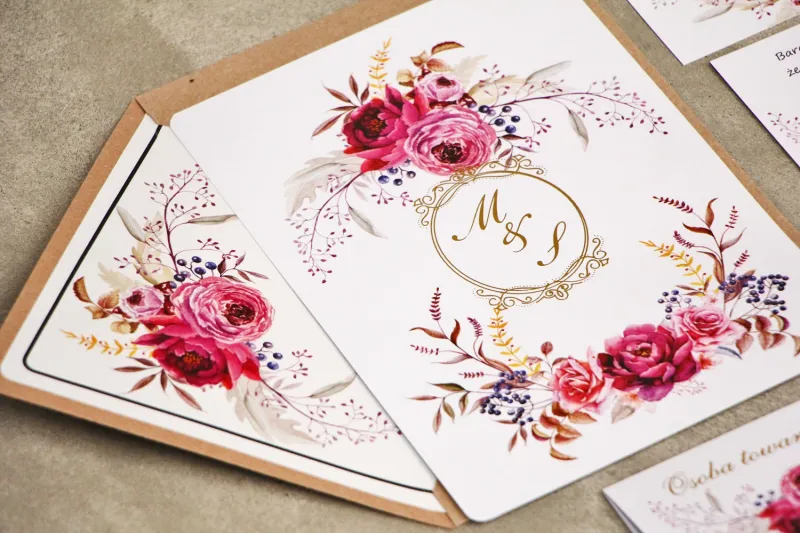 Hochzeitseinladung, Einladungen zur Blumenhochzeit mit Vergoldung - Sorento Nr. 3 - Amaranthblüten