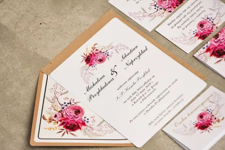 Hochzeitseinladung, Einladungen zur Blumenhochzeit mit Vergoldung - Sorento Nr. 3 - Amaranthblüten