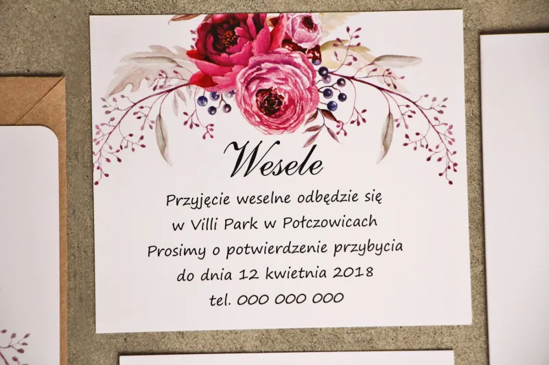 Bilecik do zaproszenia 120 x 98 mm prezenty ślubne wesele - Amarantowe kwiaty - Sorento nr 3 - ze zloceniem