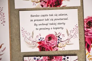 Bilecik do zaproszenia 105 x 74 mm prezenty ślubne wesele - Sorento nr 3 - Amarantowe kwiaty - ze złoceniem
