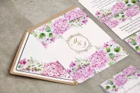 Zaproszenie na Wesele z wykwintnym Złoceniem, kwiatem hortensji w odcieniach różu | Eleganckie Zaproszenia Weselne