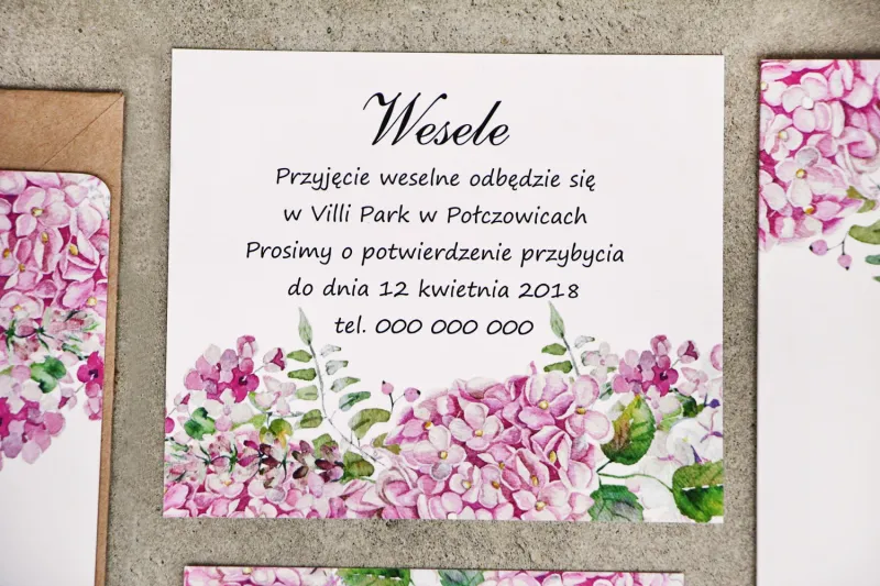 Bilecik do zaproszenia 120 x 98 mm prezenty ślubne wesele - Sorento nr 6 - Różowe hortensje - ze złoceniem