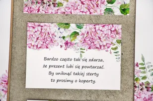 Bilecik do zaproszenia 105 x 74 mm prezenty ślubne wesele - Sorento nr 6 - Różowe hortensje - ze złoceniem