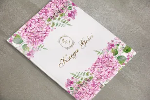 Księga Gości - dodatki ślubne, weselne, ze złoceniem - Sorento nr 6 - Różowe hortensje