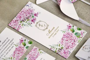 Menu weselne, stół weselny - Sorento nr 6 - Różowe hortensje - dodatki ślubne ze złoceniem