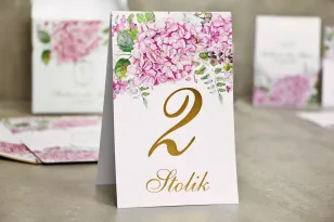 Numery stolików, stół weselny, ślub - Sorento nr 6 - Różowe hortensje - dodatki ślubne ze złoceniem