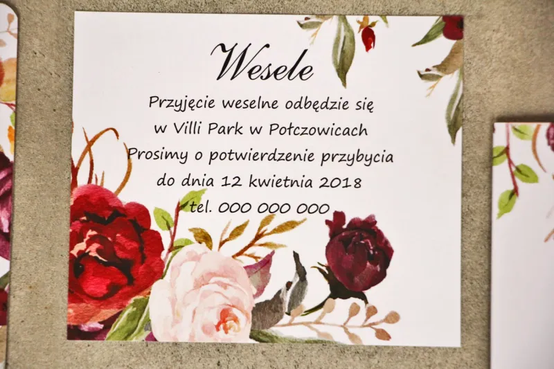 Bilecik do zaproszenia 120 x 98 mm prezenty ślubne wesele - Sorento nr 7 - Bordowo-pudrowe kwiaty - ze złoceniem
