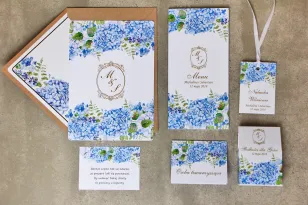 Zaproszenie ślubne z dodatkami - Sorento nr 5 - niebieskie hortensje - Eleganckie ze złoceniem