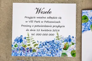Bilecik do zaproszenia 120 x 98 mm prezenty ślubne wesele - Sorento nr 5 - Niebieskie hortensje