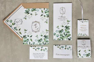 Hochzeitseinladung mit Accessoires - Sorento Nr. 9 - Eukalyptusblätter - mit Vergoldung