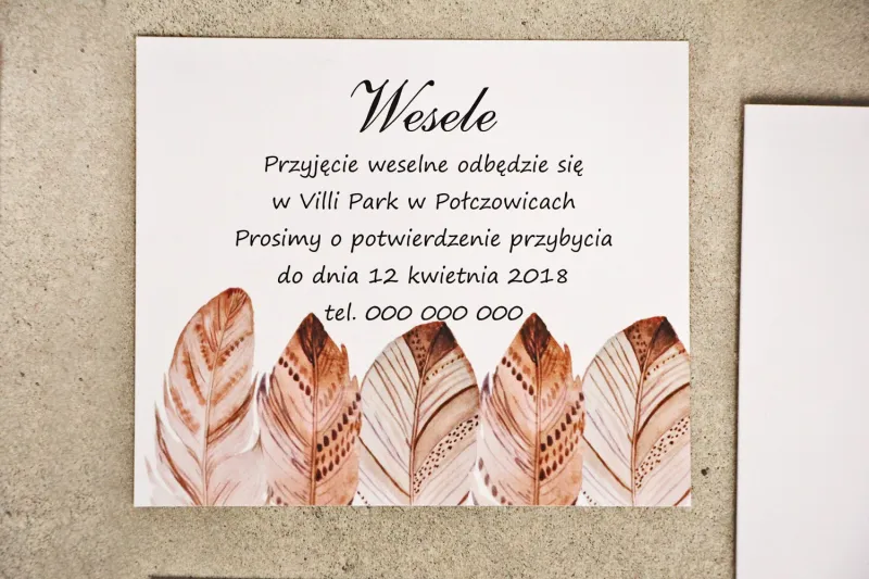 Bilecik do zaproszenia 120 x 98 mm prezenty ślubne wesele - Sorento nr 10 - Boho piórka Bilecik do zaproszenia 120 x 98 mm prezenty ślubne wesele - Sorento nr 10 - Boho piórka
