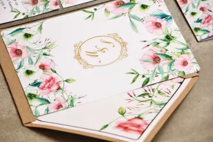 Hochzeitseinladung, Einladungen zur Blumenhochzeit mit Vergoldung - Sorento Nr. 8 - Pastellblumen