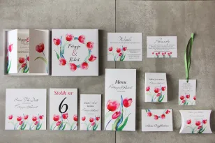 Efektowne zaproszenie ślubne w pudełku z dodatkami - Pistacjowe nr 5 - Czerwone wiosenne tulipany
