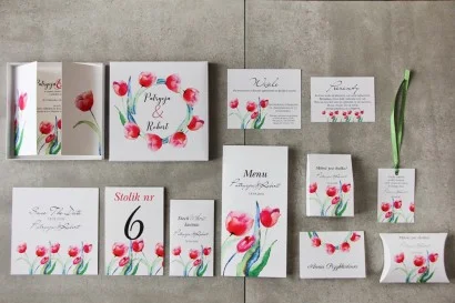 Zaproszenia weselne w Pudełku z akwarelowymi tulipanami | Niezwykle eleganckie | Pistacjowe nr 5