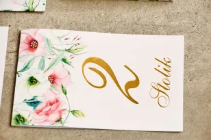 Numery stolików, stół weselny, ślub - Sorento nr 8 - Pastelowe kwiaty- dodatku ślubne ze złoceniem