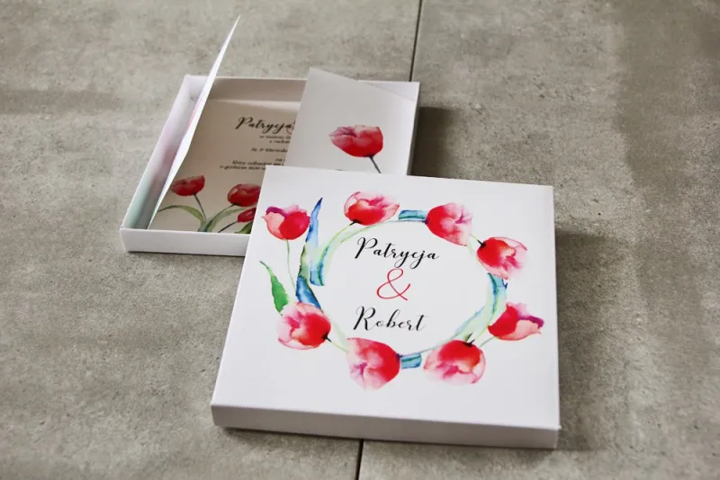 Efektowne Zaproszenie ślubne w pudełku - Pistacjowe nr 5 - czerwone tulipany