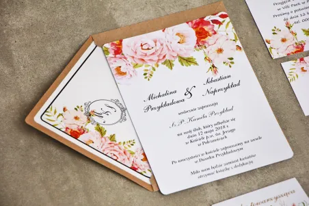 Hochzeitseinladung, Einladungen zur Blumenhochzeit mit Vergoldung - Sorento Nr. 13 - Puderpfingstrosen