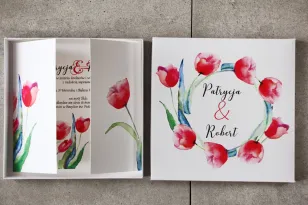 Efektowne Zaproszenie ślubne w pudełku - Pistacjowe nr 5 - czerwone tulipany