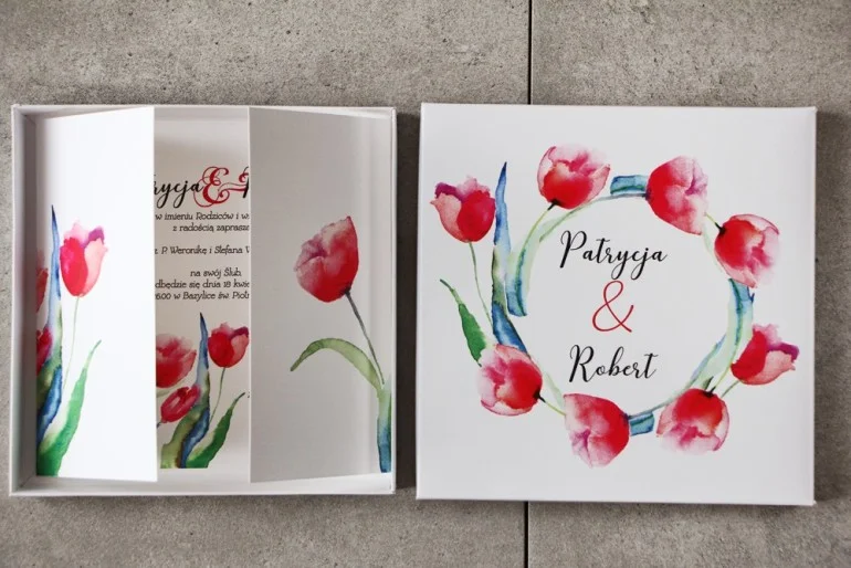 Zaproszenia weselne w Pudełku z akwarelowymi tulipanami | Niezwykle eleganckie