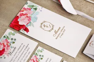 Hochzeitsmenü, Hochzeitstisch - Sorento nr 4 - Rosa Blumen mit Eukalyptus - Hochzeitsaccessoires mit Vergoldung
