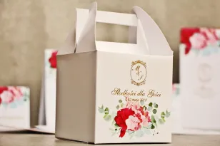Schachtel für quadratische Torte, Hochzeitstorte - Sorento nr 14 - Rosa Blumen mit Eukalyptus - Hochzeitsaccessoires mit