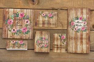 Zaproszenie ślubne z dodatkami - Rustykalne nr 1 - z motywem drewna i różowymi kwiatami