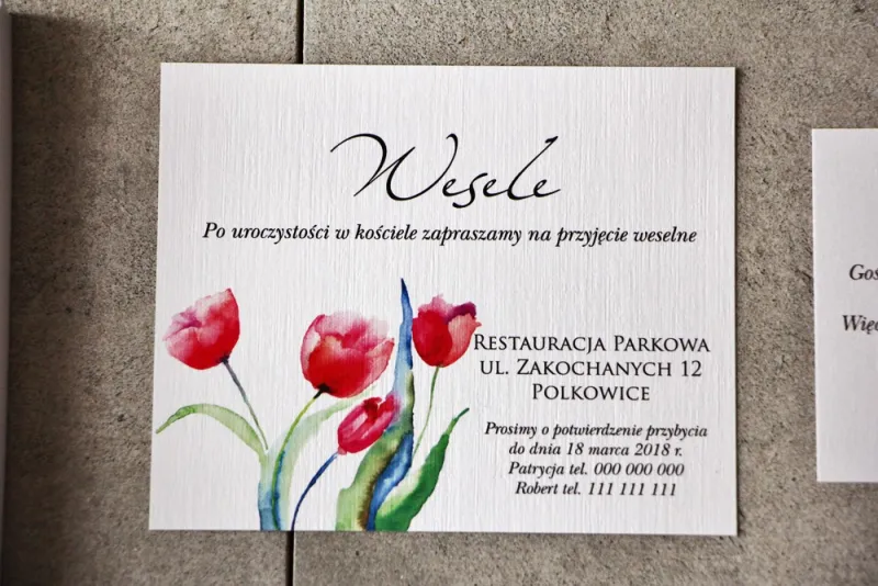Bilecik do zaproszenia 120 x 98 mm prezenty ślubne wesele - Pistacjowe nr 5 - Czerwone tulipany Bilecik do zaproszenia 120 x 98 mm prezenty ślubne wesele - Pistacjowe nr 5 - Czerwone tulipany