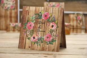 Hochzeitseinladung, Einladungen zu einer Blumenhochzeit mit Holzmotiv - Rustikal Nr. 1 - Rosa Blumen