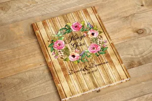 Księga Gości - Rustykalne nr 1 - różowe kwiaty na tle drewna - dodatki ślubne