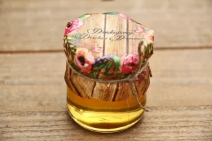 Gläser mit Honig, dank der Hochzeitsgäste - Rustikal Nr. 1 - Rosa Blumen auf dem Hintergrund von Holz